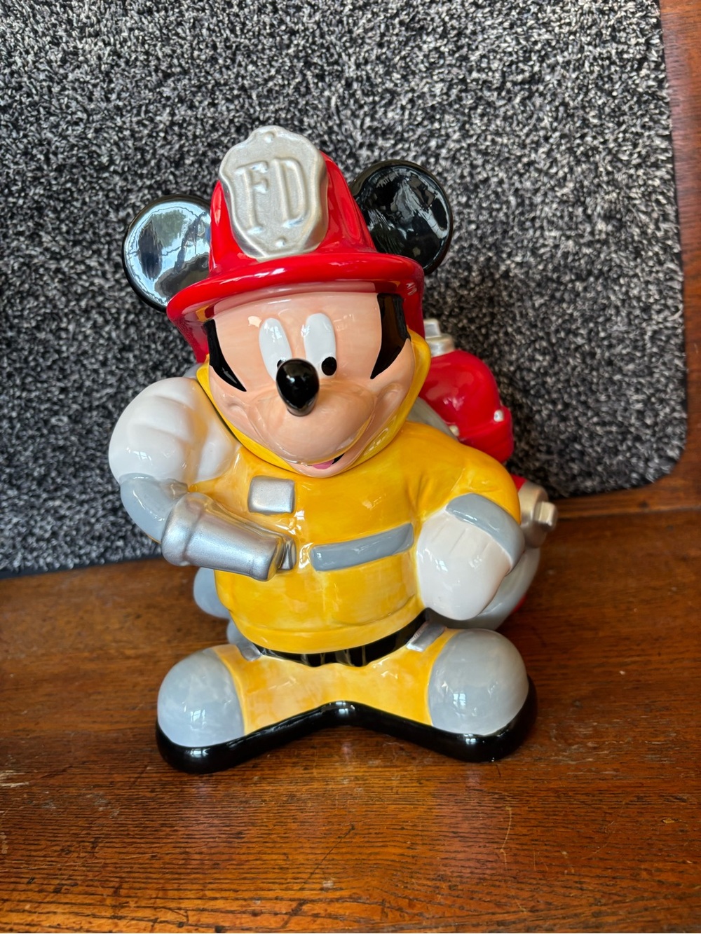 Disney Mickey Mouse Firefighter Ceramic Cookie Jar Collectible 10” T by 7” W